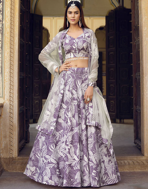 Traditional Party Wear Heavy Lehenga Choli Faded Purple Finest Crushed Silk Lehenga Choli Front View
